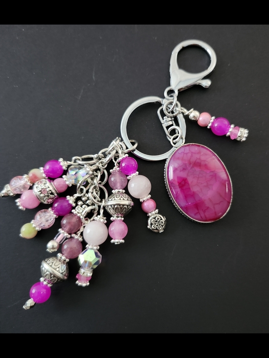 Handmade Accessories - Pink Crackle Agate Purse Charm or Keychain Quartz Dolomite Handcrafted